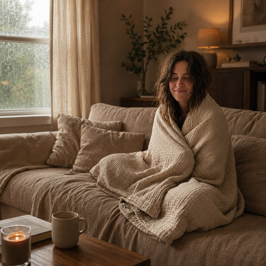 Femme enveloppée dans le plaid en mousseline, à même la peau